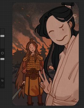 2boys :s armor art_program_in_frame bai_wuxiang black_hair blood blood_on_clothes blood_on_face brown_eyes brown_hair burning burning_building chinese_armor chinese_clothes closed_eyes embers feet_out_of_frame fire full_armor furrowed_brow grimace half_updo hanfu highres holding holding_sword holding_weapon long_hair male_focus mask multiple_boys night open_mouth orange_sky parted_bangs red_hanfu rounded_corners russian_commentary selfie sky skyline spoilers standing sword tianguan_cifu topknot v very_long_hair weapon white_hanfu white_mask xie_lian yaroslava_murashko