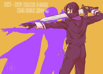 1girl absurdres black_hair black_jacket black_pants commentary_request different_shadow highres holding holding_sword holding_weapon jacket ohgercalibur ohsama_sentai_king-ohger pants simple_background solo super_sentai sword toki_(nre03350n) tokusatsu weapon yellow_background