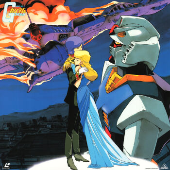 1970s_(style) 1980s_(style) 1boy 1girl absurdres battle blonde_hair boots bullet_hole burning cityscape couple damaged death destruction dress earth_federation epaulettes flying garma_zabi gaw gundam highres icelina_eschonbach laserdisc_cover logo machinery mecha military_uniform mobile_suit mobile_suit_gundam night oldschool purple_hair retro_artstyle robot ruins rx-78-2_gundam sano_hirotoshi scan scene_reference science_fiction smoke spoilers title traditional_media v-fin yellow_eyes zeon