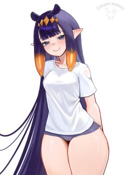 1girl absurdres alternate_costume arms_behind_back blue_eyes blunt_bangs breasts center-flap_bangs closed_mouth commentary dolphin_shorts dopeybunni fang gradient_hair highres hololive hololive_english long_hair looking_at_viewer micro_shorts mole mole_under_eye multicolored_hair ninomae_ina&#039;nis orange_hair pointy_ears purple_hair purple_shorts shirt shorts sidelocks simple_background skin_fang small_breasts smile solo straight_hair t-shirt tentacle_hair thick_thighs thighs very_long_hair virtual_youtuber white_background white_shirt