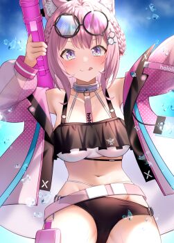 1girl animal_ear_fluff animal_ears antenna_hair bikini black_bikini braid braided_bun breasts cleavage commentary_request crown_braid double-parted_bangs double_bun eyewear_on_head faubynet frilled_bikini frills hair_bun hakui_koyori hakui_koyori_(holonatsu_paradise) hexagon_hair_ornament highres holding holding_rocket_launcher holding_weapon hololive jacket large_breasts looking_at_viewer navel official_alternate_costume open_clothes open_jacket open_mouth pink_hair pink_jacket ponytail purple_eyes revision rocket_launcher round_eyewear sidelocks solo stomach swimsuit tail virtual_youtuber weapon wolf_ears wolf_girl wolf_tail