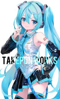 1girl aqua_eyes aqua_hair aqua_nails aqua_necktie aqua_trim armpit_crease black_skirt black_sleeves blush breasts closed_mouth commentary_request detached_sleeves fingernails hair_between_eyes hair_ornament hand_on_own_hip hatsune_miku headset highres long_hair long_sleeves looking_at_viewer miniskirt nail_polish necktie pleated_skirt shirt simple_background skirt sleeveless sleeveless_shirt small_breasts smile solo takepon1123 thighhighs tie_clip twintails very_long_hair vocaloid white_background wide_sleeves zettai_ryouiki