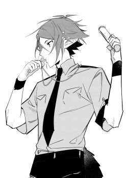 Rule 34 | 1boy, 676643396dolce, absurdres, alternate costume, arknights, blowing whistle, chinese commentary, collared shirt, commentary request, greyscale, hands up, highres, holding, holding baton, holding whistle, looking to the side, male focus, monochrome, necktie, pocket, pointy ears, police, police uniform, shirt, short hair, short sleeves, sidelocks, snake boy, snake tail, solo, tail, whistle, wristband, zuo le (arknights)