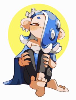 Rule 34 | 1girl, aluy01, barefoot, blue hair, blush, capelet, chest sarashi, foot focus, knees up, nejiri hachimaki, nintendo, octoling, red eyes, sarashi, shiver (deep cut outfit) (splatoon), shiver (splatoon), sitting, solo, splatoon (series), splatoon 3, tentacle hair, white background