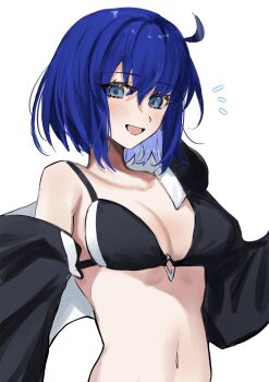 1girl 710_ao ahoge bikini black_bikini blue_eyes blue_hair breasts c.i.e.l_(fate) ciel_(tsukihime) cropped_jacket fate/grand_order fate_(series) highres looking_at_viewer medium_breasts mysterious_executor_c.i.e.l_(fate) navel notice_lines short_hair single_off_shoulder solo striped_bikini striped_clothes swimsuit upper_body