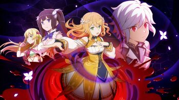 Rule 34 | 1boy, 3girls, above-cleavage cutout, anime coloring, aphrodite (danmachi), armor, bare shoulders, bell cranel, black hair, blonde hair, blood, blue bow, blue bowtie, blue eyes, bow, bowtie, breastplate, breasts, cleavage, cleavage cutout, closed mouth, clothing cutout, danmachi battle chronicle, dress, dungeon ni deai wo motomeru no wa machigatteiru darou ka, earrings, game cg, gem, green eyes, green gemstone, hair ornament, hair ribbon, hand on own chest, harmonia (danmachi), hestia (danmachi), highres, jewelry, long hair, looking at viewer, medium breasts, multicolored dress, multiple girls, non-web source, official alternate costume, official art, open mouth, orange dress, orange hair, pool of blood, red eyes, ribbon, serious, shell, shell earrings, short hair, sidelocks, twintails, wading, white dress, white ribbon