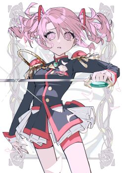 1girl absurdres black_jacket cosplay epaulettes flower highres holding holding_sword holding_weapon jacket kaname_madoka mahou_shoujo_madoka_magica pink_eyes pink_hair rainyy red_shorts rose shorts shoujo_kakumei_utena solo sword sword_of_dios tenjou_utena tenjou_utena_(cosplay) twintails weapon white_flower white_rose