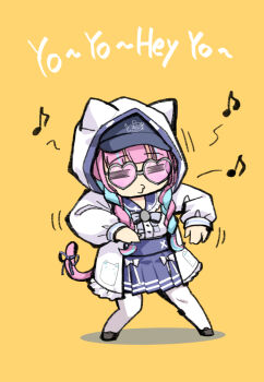 1girl =_= animal_ears animal_hood baseball_cap black_shoes blue_bow blue_bowtie blue_hair blue_hat blue_sailor_collar blue_skirt blue_streaks blunt_bangs bow bowtie braid braided_twintails cat_ears cat_hood cat_tail chibi chibi_only closed_eyes commentary_request dancing dj frilled_sailor_collar frills full_body haniwa_(leaf_garden) hat hat_under_hood heart heart-shaped_eyewear high-waist_skirt hololive hood hood_up hooded_jacket jacket long_hair long_sleeves minato_aqua minato_aqua_(sailor) miniskirt multicolored_hair musical_note official_alternate_costume official_alternate_hairstyle open_clothes open_jacket pantyhose pink-tinted_eyewear puckered_lips purple_hair ribbon sailor_collar school_uniform serafuku shirt shoes simple_background skirt solo streaked_hair sunglasses tail tail_ornament tail_ribbon tinted_eyewear twintails two-tone_hair underbust virtual_youtuber white_jacket white_pantyhose white_shirt yellow_background