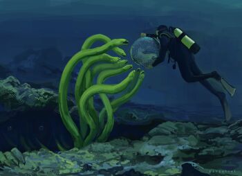 Rule 34 | 1other, absurdres, artist name, creature, crevice, disco ball, diving suit, eel, eyes in shadow, fingernails, flippers, full body, highres, long fingernails, original, scuba gear, sea monster, seafloor, zarzaliel