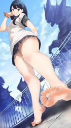 Rule 34 | 1girl, absurdres, arm behind back, bare legs, barefoot, black hair, black skirt, black undershirt, blue eyes, bow, bowtie, breasts, cloud, cloudy sky, feet, foot up, from below, gridman universe, gridman universe (film), hair between eyes, hair over shoulder, hand on own cheek, hand on own face, hashtag-only commentary, highres, kaijuu, legs, long hair, looking at viewer, mbr90munouk, medium breasts, orange scrunchie, pleated skirt, red bow, red bowtie, school uniform, scrunchie, signature, skirt, sky, soles, solo, ssss.gridman, sweater vest, takarada rikka, thighs, tiptoes, toenails, toes, twitter username, white sweater vest, wrist scrunchie