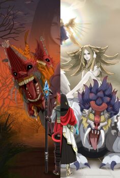 1boy 1girl colored_skin crystal_exarch final_fantasy final_fantasy_xiv forgiven_obscenity from_behind g'raha_tia giant giantess gladiator_sandals highres holding holding_scepter innocence_(final_fantasy) monster sandals scepter split_screen standing terminus_howler terminus_trampler the_endsinger wentyff14 white_skin