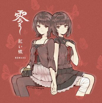 2girls amakura_mayu amakura_mio artist_name bandaged_knees black_hair black_skirt brown_eyes bug butterfly camera collarbone commentary_request fatal_frame fatal_frame_ii:_crimson_butterfly highres holding holding_camera holding_hands insect multiple_girls oisiso pantyhose red_background red_butterfly siblings sisters skirt twins