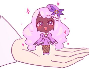 1girl artist_request blush chibi dark-skinned_female dark_skin eyelashes full_body gloves hand_up jacinthe_(pokemon) jewelry long_hair long_sleeves looking_at_viewer multiple_girls nintendo open_mouth pokemon pokemon_legends:_z-a purple_eyes signature triangle_mouth very_dark_skin very_long_hair white_gloves wide_hips