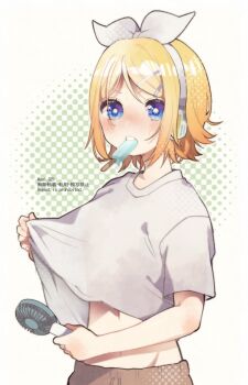 1girl aoi_choko_(aoichoco) blonde_hair blue_eyes blush brown_shorts electric_fan food hair_ribbon hairband highres kagamine_rin looking_at_viewer midriff mouth_hold popsicle ribbon shirt shorts solo stomach t-shirt vocaloid white_hairband white_ribbon white_shirt