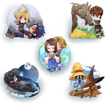 Rule 34 | 1girl, 6+boys, amaro (ff14), aqua eyes, ardbert hylfyst, armor, bare shoulders, beach, beard, belt, black armor, black cloak, black hair, black mage (final fantasy), black overalls, blonde hair, blood, blood on clothes, blood on face, blue coat, blue sky, boots, border, brown belt, brown boots, brown eyes, brown hair, brown hat, buster sword, chibi, chibi only, clive rosfield, cloak, closed eyes, cloud strife, coat, crisis core: final fantasy vii, cross scar, crying, detached sleeves, dragon, dying, facial hair, facial scar, final fantasy, final fantasy ix, final fantasy vii, final fantasy x, final fantasy xiv, final fantasy xvi, full body, full moon, fur-trimmed boots, fur-trimmed coat, fur trim, gradient sleeves, hair between eyes, hair slicked back, hat, highres, holding, holding sword, holding weapon, hug, hug from behind, japanese clothes, long skirt, lying, medium hair, moon, multiple boys, nontraditional miko, ocean, on back, overalls, panties, pants, pauldrons, pleated skirt, popcorncomet, purple pants, purple shirt, rain, red vest, scar, scar on cheek, scar on face, seto (ff14), shirt, short hair, shoulder armor, sideburns, skirt, sky, sleeveless, sleeveless turtleneck, spiked hair, striped clothes, striped panties, suspenders, sword, tidus, turtleneck, underwear, vest, vivi ornitier, weapon, white border, wide sleeves, wizard hat, yellow eyes, yuna (ff10), zack fair