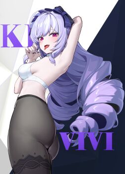 1girl absurdres arm_behind_head arm_up armpits ass bow bra breasts commentary english_commentary fingernails hair_bow highres light_blush long_hair looking_at_viewer mau_(akdntm3158) medium_breasts nail_polish open_mouth over-kneehighs pantyhose pink_eyes purple_hair purple_nails sideboob smile thighhighs tongue tongue_out underwear very_long_hair vivian_banshee wavy_hair white_bra zenless_zone_zero