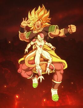 Rule 34 | 2boys, alien, broly (dragon ball super), conquest behind oliver (meme), dragon ball, dragon ball super, dragon ball super broly, frieza, highres, imminent attack, legendary super saiyan, meme, multiple boys, muscular, muscular male, parody, renatt (rntt o), saiyan armor, scene reference, spiked hair, super saiyan
