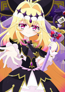 Rule 34 | 1girl, absurdres, amairo zanmei, antenna hair, black bow, black capelet, black dress, blonde hair, blush, bow, brooch, capelet, closed mouth, commentary request, cure arcana shadow, diamond hairband, dress, earrings, frilled capelet, frills, gradient hair, hair intakes, heart, heart brooch, highres, holding, holding staff, jewelry, long hair, looking at viewer, magical girl, meitantei precure!, moria luluka, multicolored hair, pink hair, precure, purple eyes, purple nails, purple veil, reaching, reaching towards viewer, smile, solo, staff, tear arcana rod, veil, very long hair