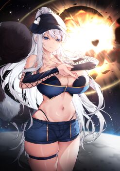 1girl absurdres baseball_cap black_bra black_hat black_panties blue_eyes blue_shorts blue_tube_top bra breasts cleavage closed_mouth commentary commission deogho_(liujinzy9854) english_commentary explosion hat highleg highleg_panties highres large_breasts long_hair navel original panties planet ponytail shorts solo space star_(sky) strapless tail thigh_strap tube_top underwear very_long_hair white_hair