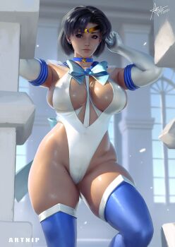1girl 2021 adapted_costume alternate_breast_size artist_name artnip bishoujo_senshi_sailor_moon blue_choker blue_eyes blue_hair blue_thighhighs breasts cameltoe choker circlet covered_erect_nipples curvy earrings elbow_gloves female_focus gloves highleg highleg_one-piece_swimsuit jewelry large_breasts looking_at_viewer matching_hair/eyes mizuno_ami one-piece_swimsuit paid_reward_available revealing_clothes sailor_mercury short_hair signature skindentation solo standing swimsuit thick_thighs thighhighs thighs white_gloves wide_hips