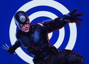 Rule 34 | 1boy, belt, black gloves, blue background, blue bodysuit, bodysuit, bullseye (marvel), character logo, commentary, covered abs, covered pectorals, daredevil (netflix), daredevil (series), english commentary, facial hair, gloves, grey pants, grin, highres, holding, holding knife, knife, looking up, male focus, marvel, muscular, muscular male, pants, pectorals, reaching, realistic, rounyawn, smile, solo, stubble, superhero costume, twitter username, western comics (style)