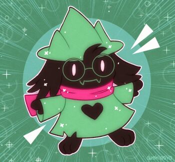animal_ears black_fur deltarune duskinova furry glasses goat goat_ears goat_horns green_background green_headwear green_tunic hat heart horns pink_scarf ralsei ralsei_(hat) scarf surprised tunic undertale utdr_(toby_fox) wizard_hat