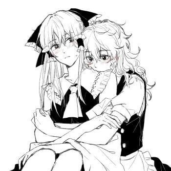 2girls apron blush bow braid chinese_commentary commentary_request detached_sleeves frilled_bow frilled_hair_tubes frills greyscale hair_bow hair_tubes hakurei_reimu hitte5416 hug hug_from_behind kirisame_marisa long_hair monochrome multiple_girls no_headwear puffy_short_sleeves puffy_sleeves short_sleeves side_braid single_braid skirt sweatdrop touhou vest waist_apron yuri