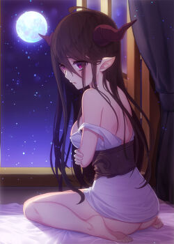 10s 1girl :o ahoge ass bare_legs bare_shoulders barefoot bed_sheet blush breasts brown_hair curtains danua draph dress female_focus from_behind full_moon granblue_fantasy hair_between_eyes horns indoors light_particles long_hair looking_at_viewer looking_back looking_down medium_breasts moon night night_sky no_panties open_mouth open_window patori pointy_ears purple_eyes sash self_hug sideboob sitting sky sleeveless sleeveless_dress soles solo star_(sky) starry_sky strap_slip toes wariza white_dress window