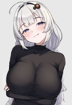 1girl :q ahoge arms_under_breasts black_sweater blue_eyes blush braid breasts commentary_request grey_hair hair_ornament highres huge_breasts kizuna_akari long_hair long_sleeves shun_(b.c) simple_background solo sweater tongue tongue_out turtleneck turtleneck_sweater twin_braids voiceroid white_background