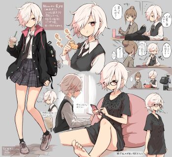 1girl absurdres backpack bag barefoot collared_shirt hair_over_one_eye hatohouseplc highres jacket multiple_views original red_eyes school_uniform shirt shoes short_hair sitting skirt white_hair