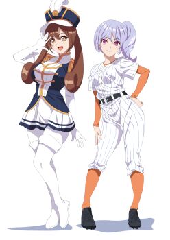 Rule 34 | 2girls, baseball uniform, belt, black belt, black shoes, blue jacket, boots, brown hair, closed mouth, commentary request, commission, curly ends, epaulettes, gloves, gold trim, hand on own hip, hat, hat feather, highres, jacket, jikkyou powerful pro yakyuu, looking at viewer, multicolored jacket, multiple girls, one side up, open mouth, orange eyes, orange shirt, otobuki kanade, pants, pantyhose, pink eyes, pixiv commission, power pro appli, purple hair, shako cap, shidou remi, shirt, shirt under shirt, shoes, skirt, sportswear, striped clothes, striped pants, striped shirt, teeth, twintails, upper teeth only, vertical-striped clothes, vertical-striped pants, vertical-striped shirt, wakusei-planet, white background, white boots, white gloves, white jacket, white pantyhose, white shirt, white skirt