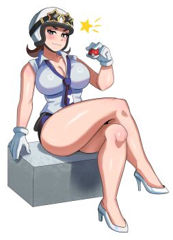 1girl bare_legs breasts brown_eyes brown_hair cleavage crossed_legs gloves helmet high_heels highres holding holding_poke_ball large_breasts looking_at_viewer necktie nintendo poke_ball pokemon pokemon_sv shorts sitting solo star_(symbol) sunglasses team_star team_star_grunt thick_eyebrows white_gloves ytrall