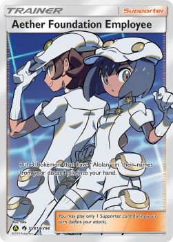 1boy 1girl :o aether_foundation_employee aether_foundation_employee_(female) aether_foundation_uniform artist_name blue_hair brown_hair buttons card_(medium) character_name company_name copyright_name copyright_notice dark-skinned_female dark-skinned_male dark_skin elbow_gloves english_text gloves grey_eyes hand_on_headwear hat jumpsuit nintendo official_art open_mouth pants pantyhose pokemon pokemon_card pokemon_sm pokemon_tcg pouch short_hair short_sleeves smile take_(takegarou) third-party_source trading_card white_gloves white_hat white_jumpsuit white_pants