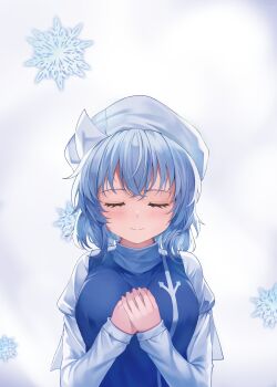 1girl absurdres breasts closed_eyes commentary_request dobostorte grey_hair hands_on_own_chest hat highres juliet_sleeves korean_commentary letty_whiterock long_sleeves own_hands_together puffy_sleeves short_hair simple_background snowflakes solo touhou upper_body white_background white_hat