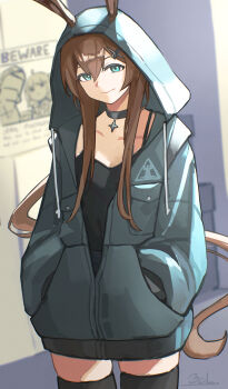 1girl absurdres amiya_(arknights) animal_ears aqua_eyes arknights black_camisole black_choker black_thighhighs blue_jacket brown_hair camisole choker chromatic_aberration closed_mouth commentary cowboy_shot drawstring ears_through_hood hair_between_eyes hair_ornament hairclip highres hood hood_up hooded_jacket jacket long_hair long_sleeves puffy_long_sleeves puffy_sleeves smile solo spaghetti_strap standing thighhighs very_long_hair yagi000