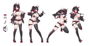 1girl arm_tattoo arm_up asymmetrical_legwear barcode barcode_tattoo belt bikini black_bikini black_gloves black_hair black_jacket black_shoes black_shorts black_socks black_thighhighs breasts chinese_commentary cleavage closed_mouth commentary_request dagger dual_wielding earrings fighting_stance fingerless_gloves full_body gloves grin hair_between_eyes hand_on_own_hip highleg highleg_bikini highres holding holding_dagger holding_knife holding_weapon holster horns id_card jacket jewelry knife large_breasts long_hair long_sleeves looking_at_viewer mask mask_pull micro_shorts mole mole_on_breast mouth_mask multicolored_hair navel off_shoulder open_clothes open_jacket original over-kneehighs partial_commentary pointy_ears ponytail pubic_tattoo red_belt red_eyes red_hair reference_sheet shoes shorts sidelocks simple_background single_over-kneehigh single_thighhigh skindentation smile socks standing standing_on_one_leg stmast stomach strapless strapless_bikini sweat swimsuit tachi-e tattoo tearing_up teeth thigh_holster thigh_strap thighhighs two-tone_hair wardrobe_malfunction weapon white_background