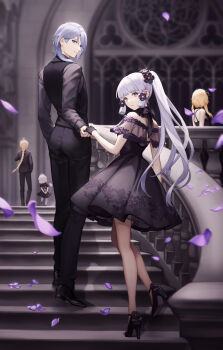 2boys 3girls :o absurdres aether_(genshin_impact) ahoge alternate_costume arms_behind_back ayaka_(genshin_impact) black_bow black_collar black_dress black_flower black_gloves black_jacket black_pants black_shirt black_shoes black_vest blonde_hair blue_eyes blue_hair blunt_bangs bow braid brother_and_sister check_commentary collar collared_shirt commentary_request dress dress_shoes falling_petals flower flower_trim footwear_flower formal_clothes frills from_behind full_body genshin_impact gloves hair_behind_ear hair_flower hair_ornament hair_ribbon half_gloves high_heels highres jacket kamisato_ayato legs long_hair looking_at_viewer looking_back lumine_(genshin_impact) medium_hair mole mole_under_eye mole_under_mouth multiple_boys multiple_girls off-shoulder_dress off_shoulder paimon_(genshin_impact) pants petals pleated_dress ponytail purple_flower revision ribbon see-through_clothes shirt shoes short_hair_with_long_locks siblings single_braid siya_ho sleeveless sleeveless_dress smile stairs tress_ribbon vest white_hair