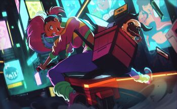 1990s_(style) 1girl billboard blue_eyes building cassette_tape city city_lights cityscape commentary commission facing_away falling full_body green_panties green_socks green_trim highres insulated_delivery_bag jacket leaning_forward leggings looking_at_viewer looking_back mohawk motion_blur multicolored_jacket night on_scooter open_mouth original outstretched_leg panties panties_over_leggings pink_bag pink_hair pink_jacket pink_shoes ponytail pug purple_leggings retro_artstyle saliva shoes short_ponytail skyscraper socks solo timbocactus tongue tongue_out two-tone_jacket undercut underwear yellow_jacket