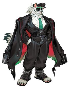 1boy animal_ears black_coat black_hat black_jacket black_pants claws closed_mouth coat covered_eyes dislyte furry furry_male green_necktie hands_in_pockets hat highres jacket jin_qiu_(ru_shou)_(wild_python)_(dislyte) male_focus necktie neilos pants shirt smile tail tiger_boy tiger_ears tiger_stripes tiger_tail white_background white_fur white_shirt