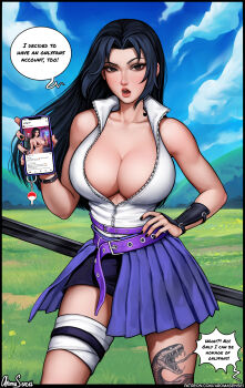 1girl absurdres arm_guards aroma_sensei bare_shoulders bikini black_hair breasts charm_(object) cleavage english_text genderswap genderswap_(mtf) hand_on_own_hip high_heels highres instagram katana large_breasts leg_tattoo leg_wrap lipstick makeup miniskirt naruto_(classic) naruto_(series) onlyfans open_mouth parted_bangs photo_(object) raised_eyebrow scabbard selfie sheath skirt snake_tattoo speech_bubble swimsuit sword tattoo thick_lips uchiha_sasuke unzipped vest weapon