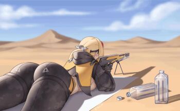 1girl animated ass black_gloves black_pants black_shrug blonde_hair bottle bouncing_ass breasts bullet camouflage camouflage_pants day desert fingerless_gloves firing from_behind gloves gun holding holding_gun holding_weapon hooded_shrug large_breasts latex latex_pants long_hair lying muzzle_flash no_bra on_stomach outdoors pants ponytail rifle secon shrug_(clothing) sideboob sniper_rifle solo tagme tight_clothes tight_pants trigger_(zenless_zone_zero) video weapon zenless_zone_zero