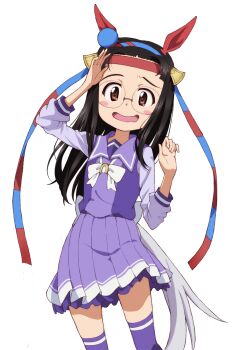 1girl animal_ears black_hair blush blush_stickers brown_eyes cosplay fukuda_haru girls_und_panzer glasses horse_ears horse_tail kayabakoro long_hair looking_at_viewer open_mouth purple_thighhighs school_uniform simple_background smile solo tail thighhighs tracen_school_uniform umamusume white_background