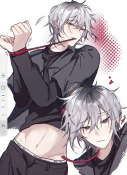 Rule 34 | 1boy, black pants, black shirt, bright pupils, gradient hair, grey eyes, grey hair, hair between eyes, heart, highres, layered clothes, male focus, messy hair, mole, mole on neck, multicolored hair, multiple moles, navel, open fly, original, pants, restrained, shirt, solo, stomach, vamporu, white background, white pupils