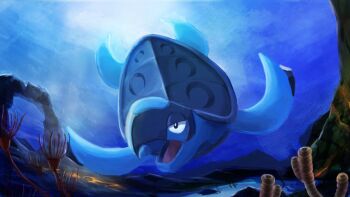 animal_focus commentary_request full_body gen_5_pokemon king_joe_(neoroto) nintendo no_humans open_mouth pokemon pokemon_(creature) pokemon_focus sea_turtle solo tirtouga turtle underwater