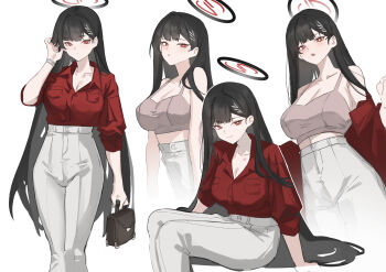 1girl absurdres bag bare_shoulders black_hair blue_archive blush breasts cleavage commentary enqiddo halo handbag highres holding holding_bag long_hair looking_at_viewer multiple_views red_eyes ringed_eyes rio_(blue_archive) sitting smile watch wristwatch
