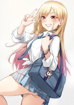 1girl ass bag bag_charm barbell_piercing blonde_hair blue_necktie blush bracelet breasts charm_(object) cowboy_shot earrings fake_nails gradient_hair grin gyaru highres jewelry kitagawa_marin long_hair medium_breasts miniskirt multicolored_hair necktie pariya_0001 piercing pink_eyes pink_nails ring school_bag school_uniform shirt simple_background skirt smile solo sono_bisque_doll_wa_koi_wo_suru thighs tied_shirt v very_long_hair white_background