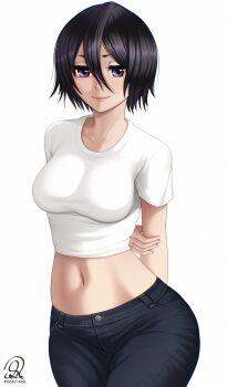 1girl arms_behind_back artist_name black_hair bleach breasts closed_mouth collarbone female_focus highres kuchiki_rukia legs_together looking_at_viewer medium_hair midriff navel pants rocky-ace shirt simple_background small_breasts smile solo solo_focus standing stomach white_background
