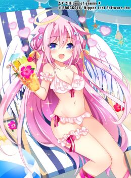 Rule 34 | 1girl, aqua ribbon, ball, beach chair, beach umbrella, beachball, bikini, breasts, chair, cleavage, copyright notice, cup, drink, drinking straw, feathered wings, flower, frilled bikini, frilled thigh strap, frills, hair ornament, hair ribbon, halo, heart, hibiscus, holding, holding cup, ichiyou moka, leg ribbon, long hair, marie (z/x), official art, on chair, open mouth, pink bikini, pink ribbon, ribbon, solo, sparkle, swimsuit, thigh strap, traditional halo, umbrella, very long hair, white wings, wings, yellow ribbon, z/x
