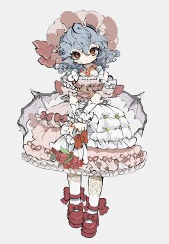 Rule 34 | 1girl, alternate costume, bat wings, blue hair, blush, bouquet, bow, classic lolita, dress, fashion, flower, frilled dress, frills, full body, hair between eyes, hat, hat ribbon, highres, holding, holding bouquet, inkopico, jewelry, lolita fashion, looking at viewer, mary janes, mob cap, open mouth, pink dress, pink hat, red bow, red eyes, red shoes, remilia scarlet, ribbon, rose, shoes, short hair, simple background, solo, touhou, white background, wings, wrist cuffs