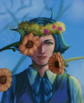 1girl blue_eyes blue_hair elisabeth_blanctorche female_focus flower formal_clothes looking_at_viewer pale_skin shadowst4rs short_hair the_king_of_fighters